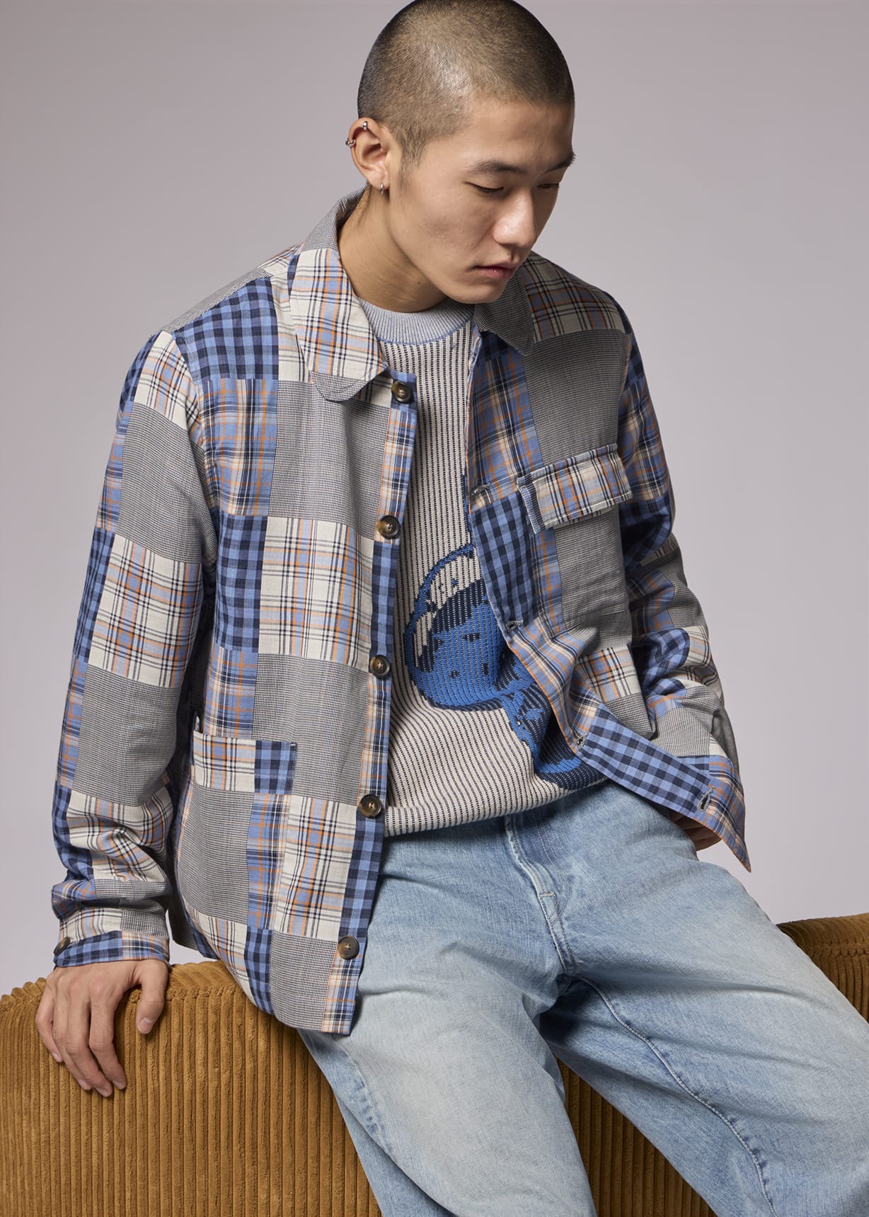Men's Blue Patchwork Check Chore Jacket